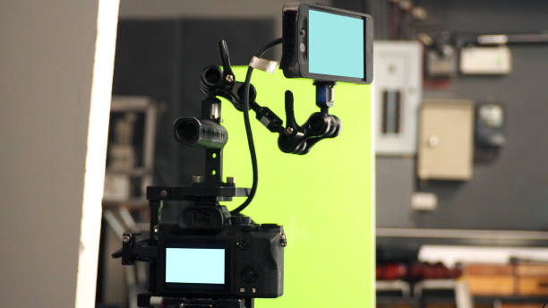 Behind the vdo camera in studio production that shooting or filming green screen background