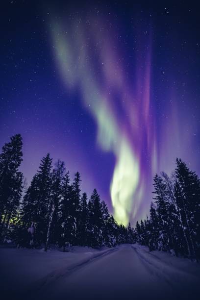 paysage de magnifiques aurores boréales (aurore boréale) dans le ciel nocturne au cours de l’hiver de laponie, finlande, scandinavie - lake night winter sky photos et images de collection