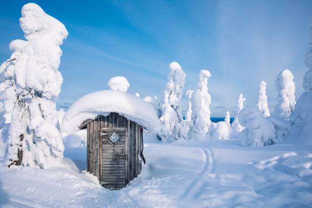 vieja cabaña de madera en bosque de invierno cubierto de nieve en finlandia, laponia. - cabin snow finland lapland fotografías e imágenes de stock