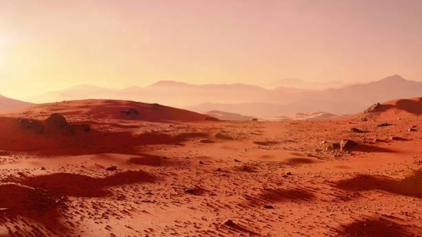 landscape on planet Mars, scenic desert scene on the red planet beautiful martian landscape, desert in outer space mars stock pictures, royalty-free photos & images
