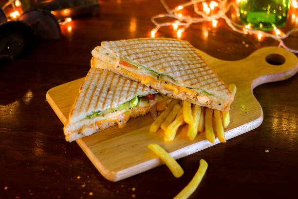 chicken club sandwich with french fries - sandwich club sandwich ham turkey imagens e fotografias de stock