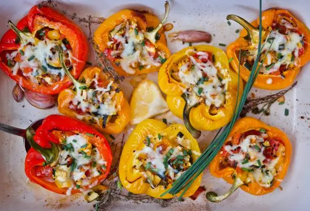 A SERIOUS OF COLOURED STUFFED PEPPERS