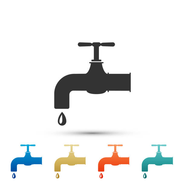 illustrazioni stock, clip art, cartoni animati e icone di tendenza di rubinetto dell'acqua con un'icona di goccia d'acqua che cade isolata su sfondo bianco. impostare gli elementi in icone colorate. design piatto. illustrazione vettoriale - bathroom water pipe faucet sink