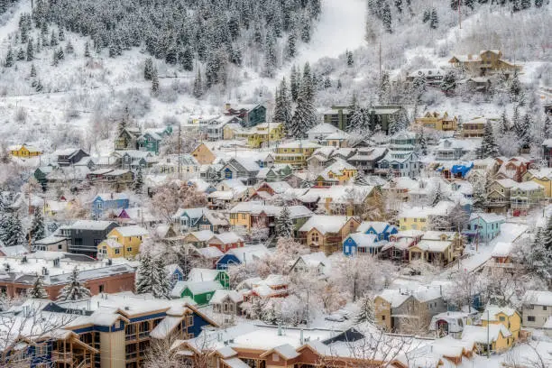 View of the old town district of Park City Utah in the winter
