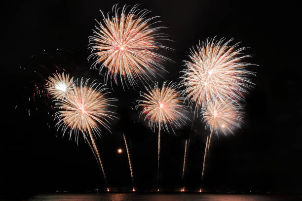 istock Festive colorful fireworks on night sky background. Celebratory holiday 1054409402