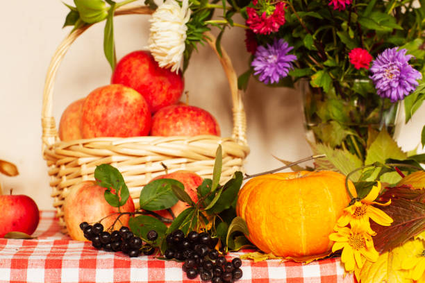 istock Autumn composition of apples and flowers 1054413674