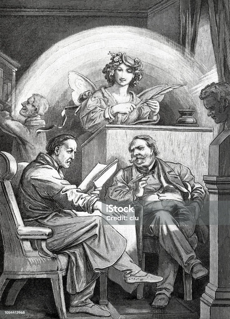 Symbolic: Moritz von Schwind and Eduard von Bauernfeld, austrian Painter and Writer talking Illustration from 19th century 19th Century stock illustration