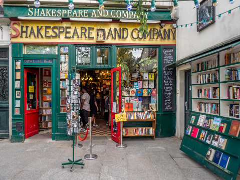 Paris, France - July 29, 2018: Entrance to the world famous Shakespeare and Company bookstore in the Latin Quarter of Paris, France.