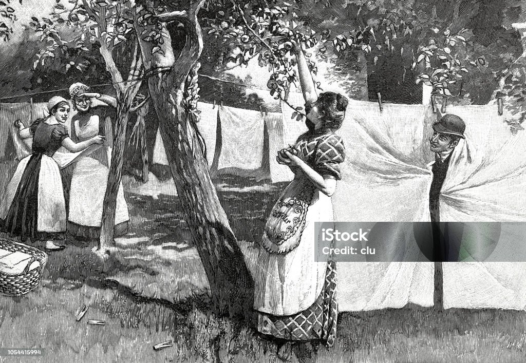 Man flirting with women hanging laundry outside Illustration from 19th century Laundry stock illustration