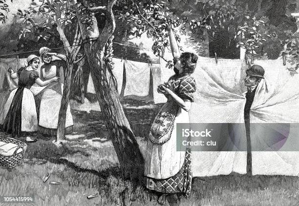 Man Flirting With Women Hanging Laundry Outside Stock Illustration - Download Image Now - Laundry, Retro Style, Archival
