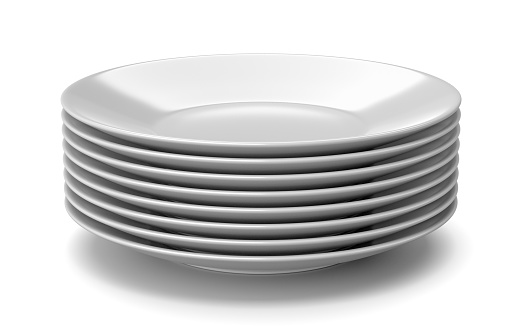 Heap of White Porcelain Dishes on White Background 3D Illustration