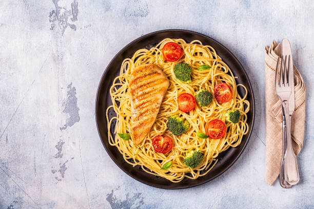 istock Plate of spaghetti tomato broccoli chicken 1054420162