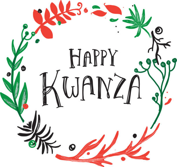 Vector illustration of a Happy Kwanza greeting design with hand drawn text and wreath with variety of branches. Easy to edit.