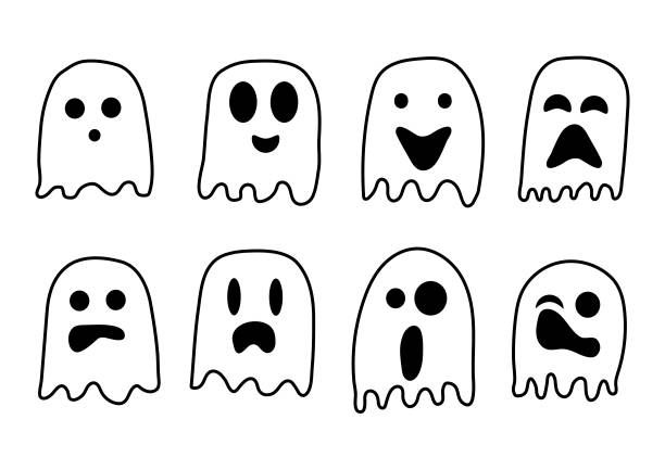 2018 Black and White ghosts for Halloween Celebration 2018- 8 Black and White cute ghosts for Halloween Celebration ghost ship stock illustrations