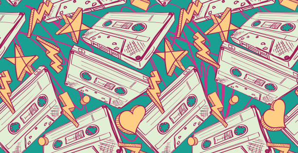 Audio cassettes drawn seamless pattern decorative illustration, vector artwork yellow tape audio stock illustrations