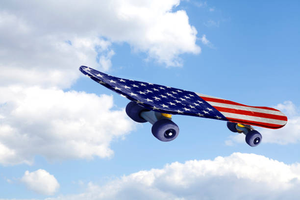 istock Flying Skateboard with USA flag on blue sky and clouds 1054444644