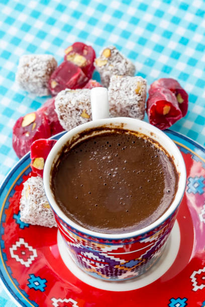 istock Turkish coffee with delight and traditional copper serving set 1054447100