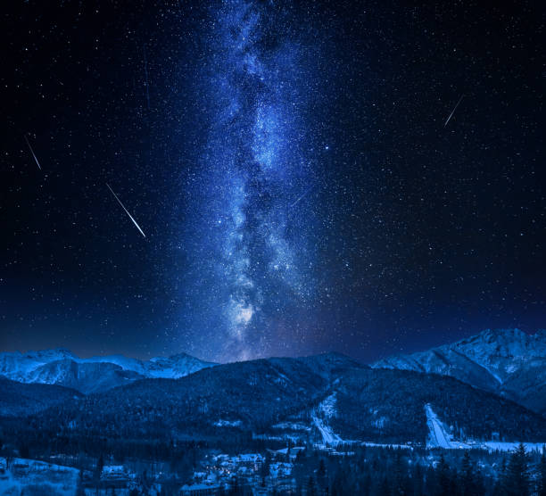 istock Zakopane with milky way and falling stars in winter 1054448836