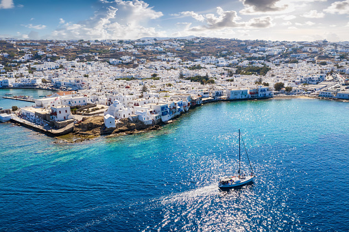 View to the picturesque town of Mykonos island during a calm summer morning, Cyclades, Greece
