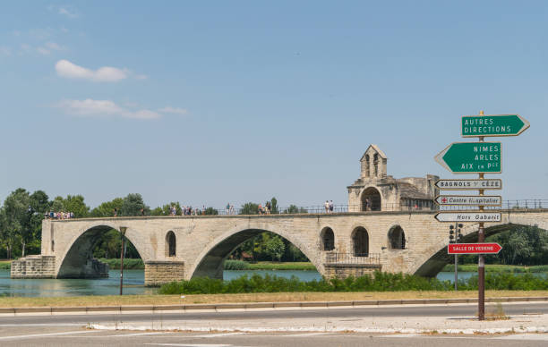 France. Department of Vaucluse. Avignon.View over the Rhône River looking northeast, with the Bridge Pont Saint-Bénézet or 'Pont d'Avignon'.