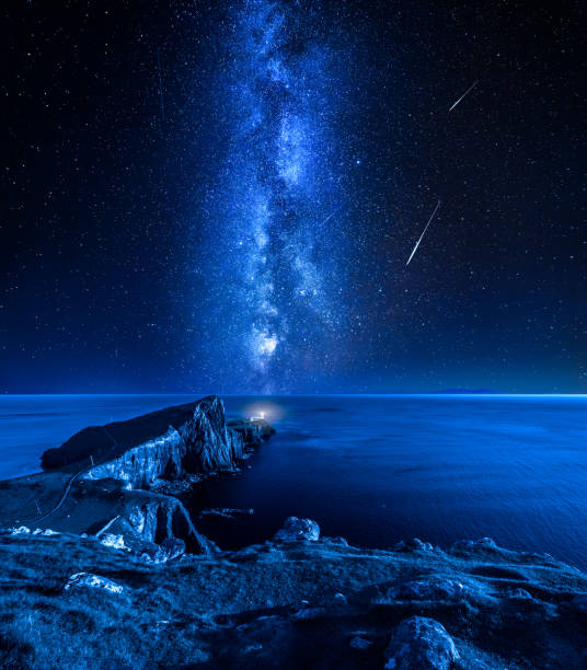 istock Neist point lighthouse and falling stars, Isle of Skye, Scotland 1054450040