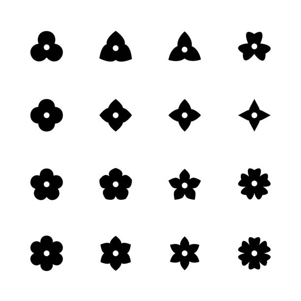 ilustraciones, imágenes clip art, dibujos animados e iconos de stock de conjunto de iconos de flor simple. siluetas de negro floret para diseño. - cabeza de flor