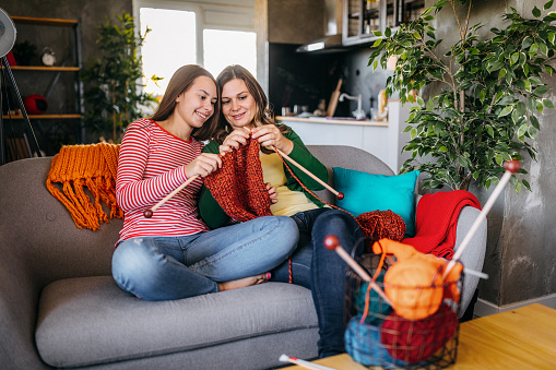 Photo of mother with her daughter knitting at home
