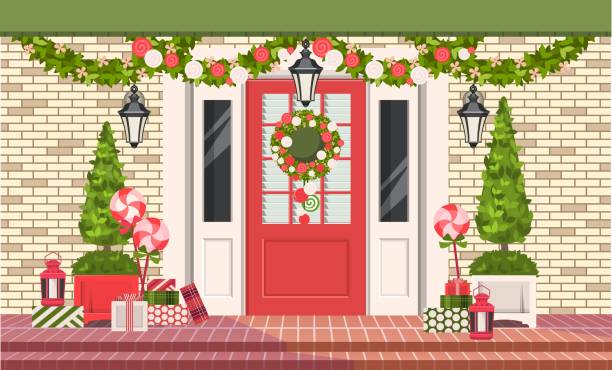 문의 크리스마스 장식 - christmas gate wreath house stock illustrations