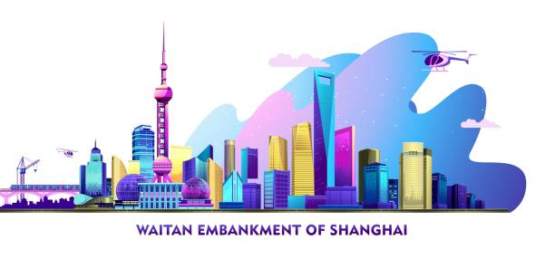 Shanghai city banner Vector horizontal illustration of the Chinese city Shanghai embankment banner with skyscrapers, bridge and transport, on white background promenade shanghai stock illustrations