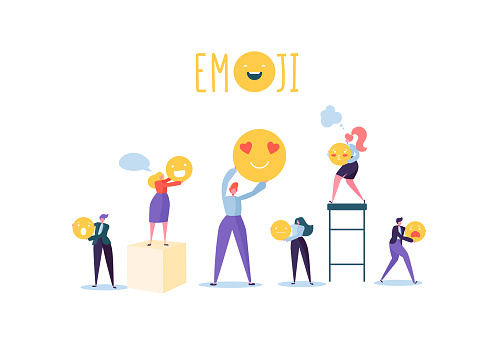 Characters People Holding Various Emoticons. Emoji and Smiles Communication Concept with Man and Woman. Vector illustration