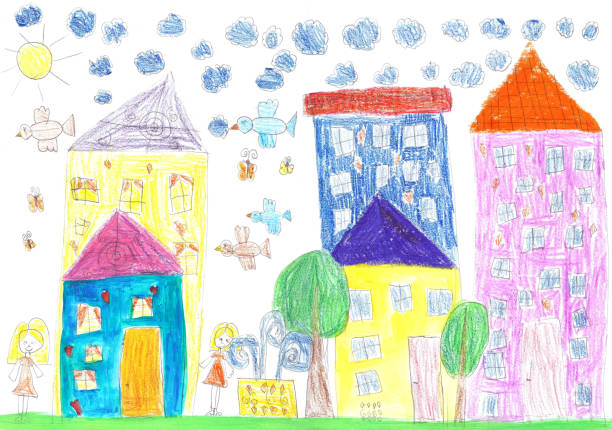 ilustraciones, imágenes clip art, dibujos animados e iconos de stock de niño dibujo de una feliz familia de paseo - paintings child house childhood