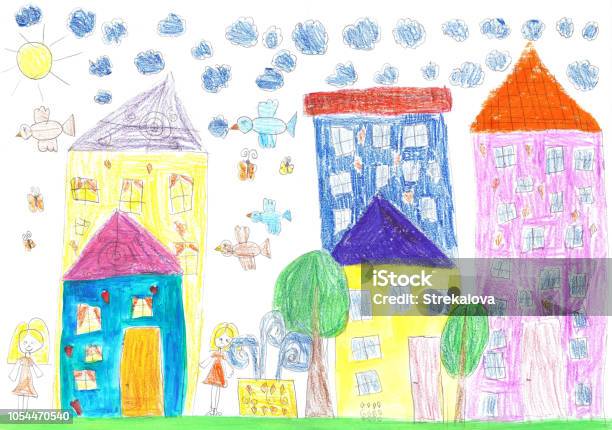 Il Bambino Sta Disegnando Una Famiglia Felice Per Una Passeggiata - Immagini vettoriali stock e altre immagini di Bambino
