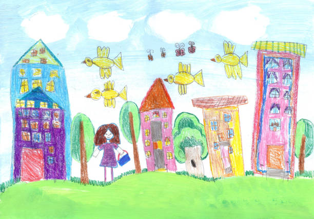 ilustraciones, imágenes clip art, dibujos animados e iconos de stock de dibujo infantil de una niña feliz - paintings child house childhood