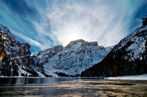 istock snowy mountain lake with mountains and blue sky 1054481206