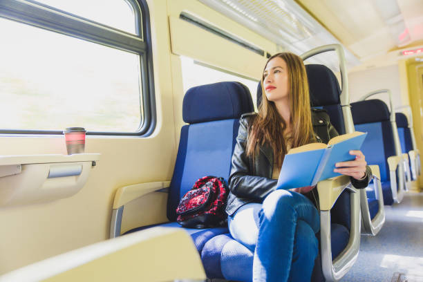 istock Woman in train with a book. 1054485006