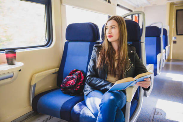 istock Woman in train with a book. 1054485070