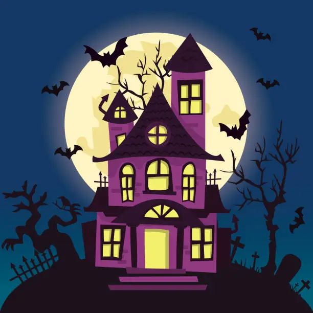 Vector illustration of Cartoon Creepy Haunted House Halloween Night