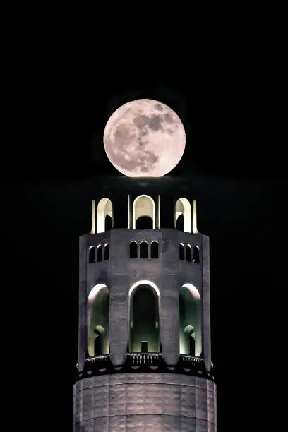 Coit Tower with the Supermoon aligned perfectly to appear the moon is resting on the tower like a chalice.