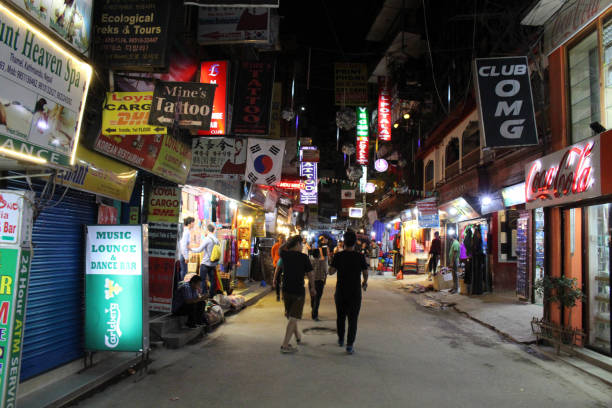Translation: The crowd around Thamel at night, the backpacker haven in Kathmandu Translation: The crowd around Thamel at night, the backpacker haven in Kathmandu. Taken in Nepal, September 2018. thamel stock pictures, royalty-free photos & images