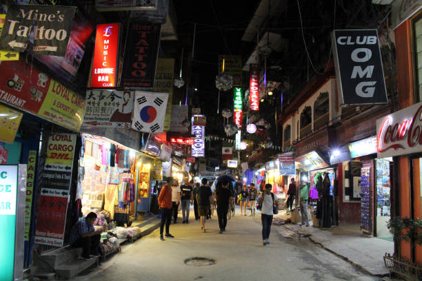 Translation: The crowd around Thamel at night, the backpacker haven in Kathmandu Translation: The crowd around Thamel at night, the backpacker haven in Kathmandu. Taken in Nepal, September 2018. thamel stock pictures, royalty-free photos & images