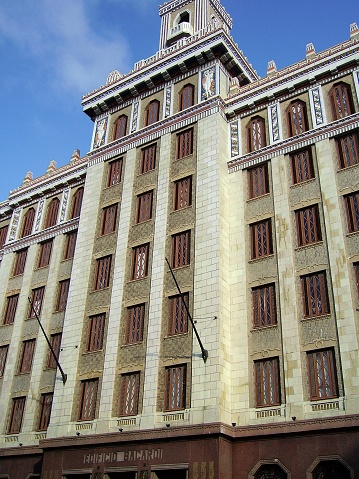 Facade of the Bacardi Building (Edificio Bacardi) an Art Deco landmark completed in 1930 in Havana, Cuba. It is located in Las Murallas, Old Havana.