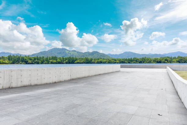 istock Empty floor and beautiful mountain with lake 1054568010