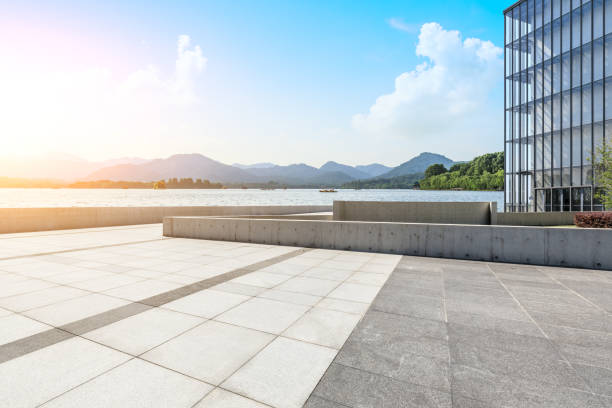 istock Empty floor and beautiful mountain with lake 1054569144