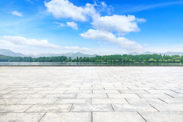 istock Empty floor and beautiful mountain with lake 1054572488