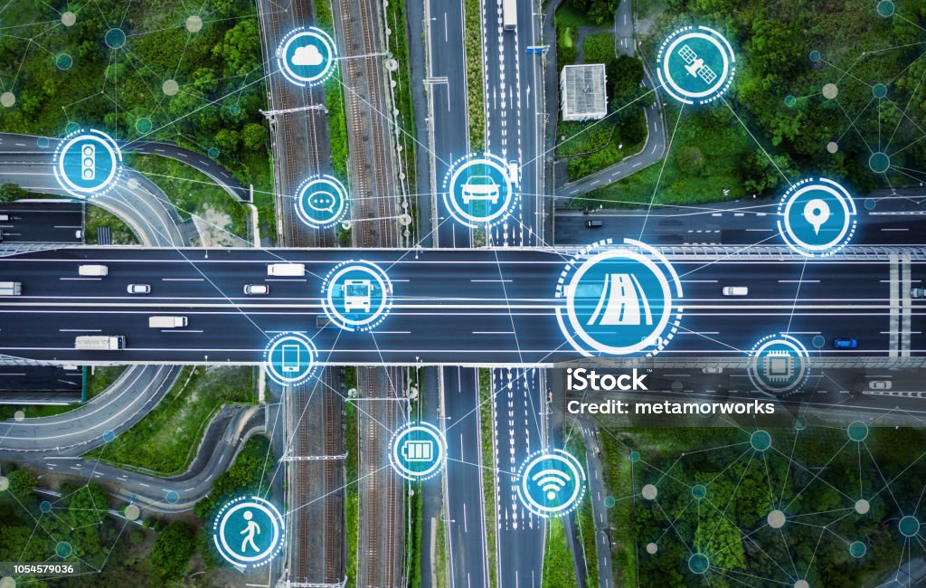 Social infrastructure and communication technology concept. IoT(Internet of Things). Autonomous transportation. Social infrastructure and communication technology concept. IoT(Internet of Things). Autonomous transportation. Misato junction. Transportation Stock Photo