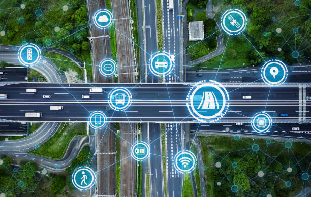 Social infrastructure and communication technology concept. IoT(Internet of Things). Autonomous transportation. Social infrastructure and communication technology concept. IoT(Internet of Things). Autonomous transportation. Misato junction. drone car on road stock pictures, royalty-free photos & images
