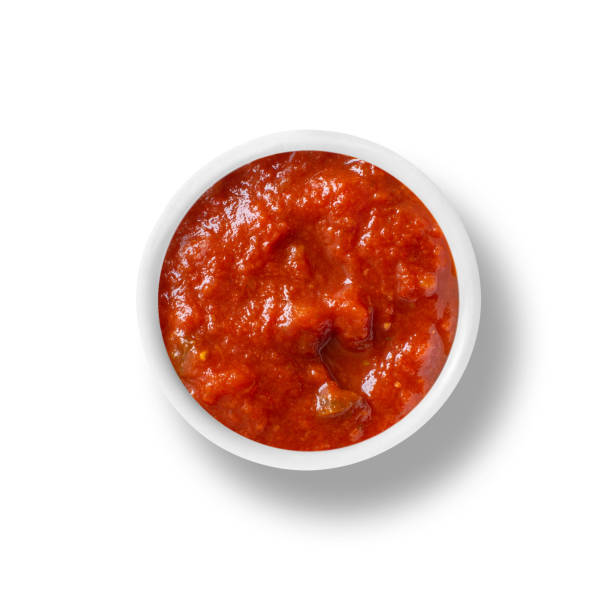 Container of marinara tomato sauce isolated on white stock photo