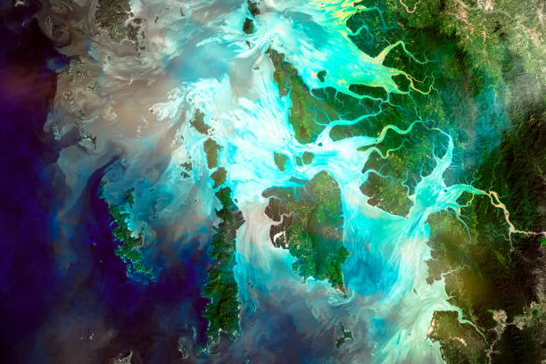 arcipelago di mergui. delta fluviale dell'irrawady, un fiume che scorre da nord a sud attraverso il myanmar. elementi di questa immagine forniti dalla nasa. - river aerial view delta rainforest foto e immagini stock