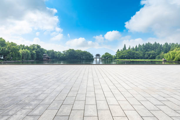 istock Empty floor and beautiful west lake scenery in hangzhou 1054580662