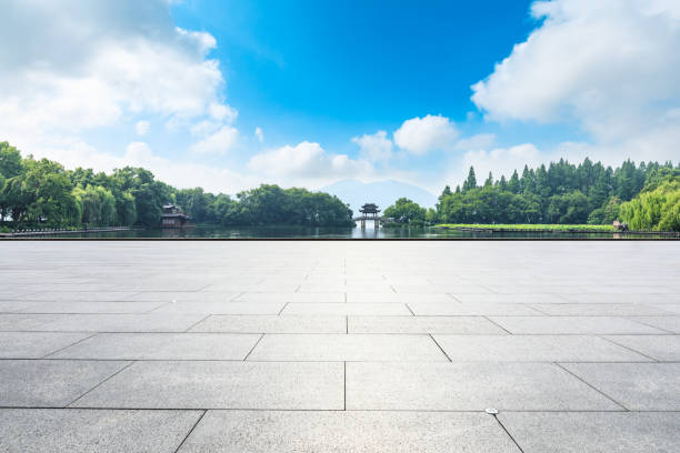 istock Empty floor and beautiful west lake scenery in hangzhou 1054580700